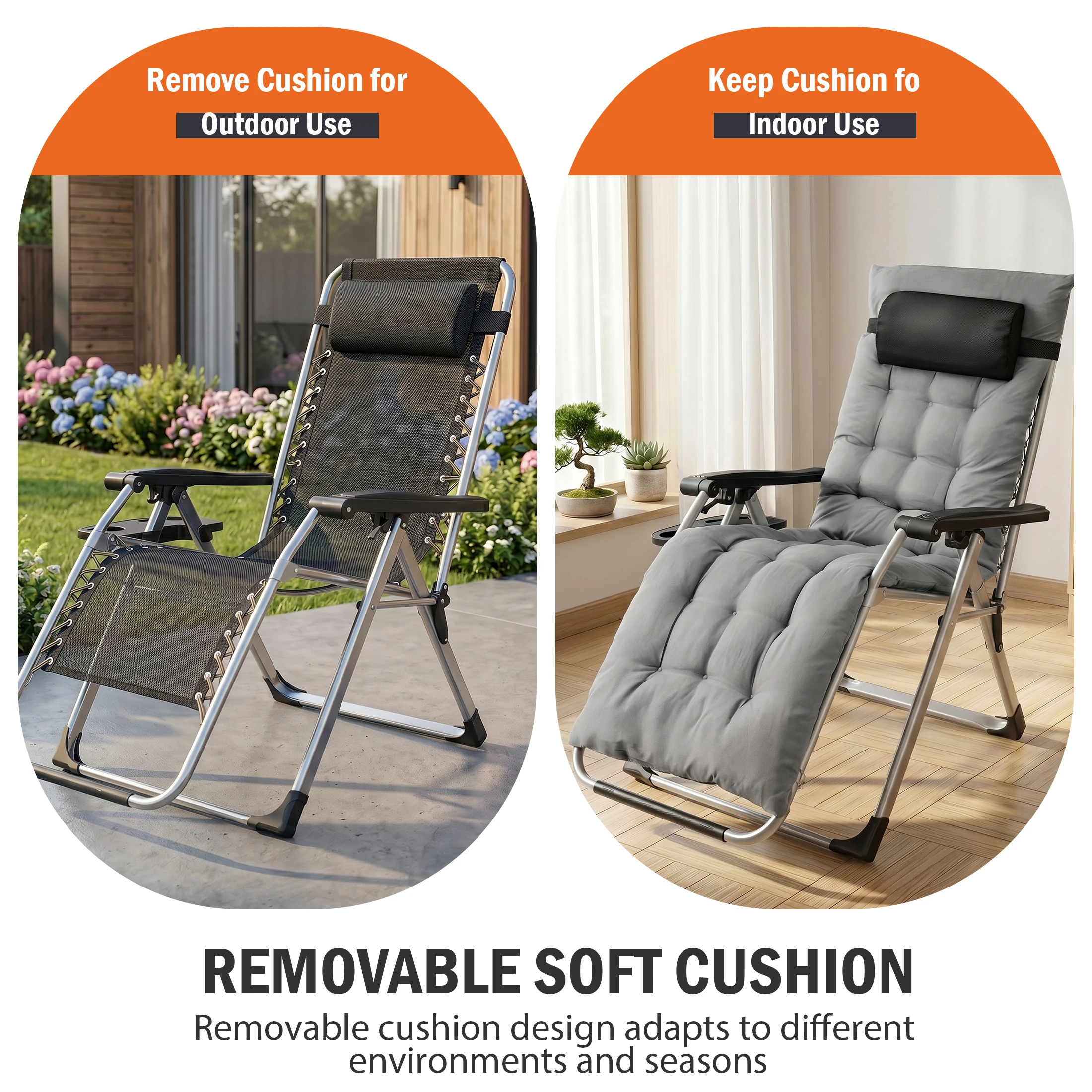 JHK Zero Gravity Reclining Camping Lounge Chair for Outdoor Soft Cushion Patio Chairs with Cup Holder Trays and Removable Cushion Folding Recliner for Indoor - AliExpress 18 - Image 5