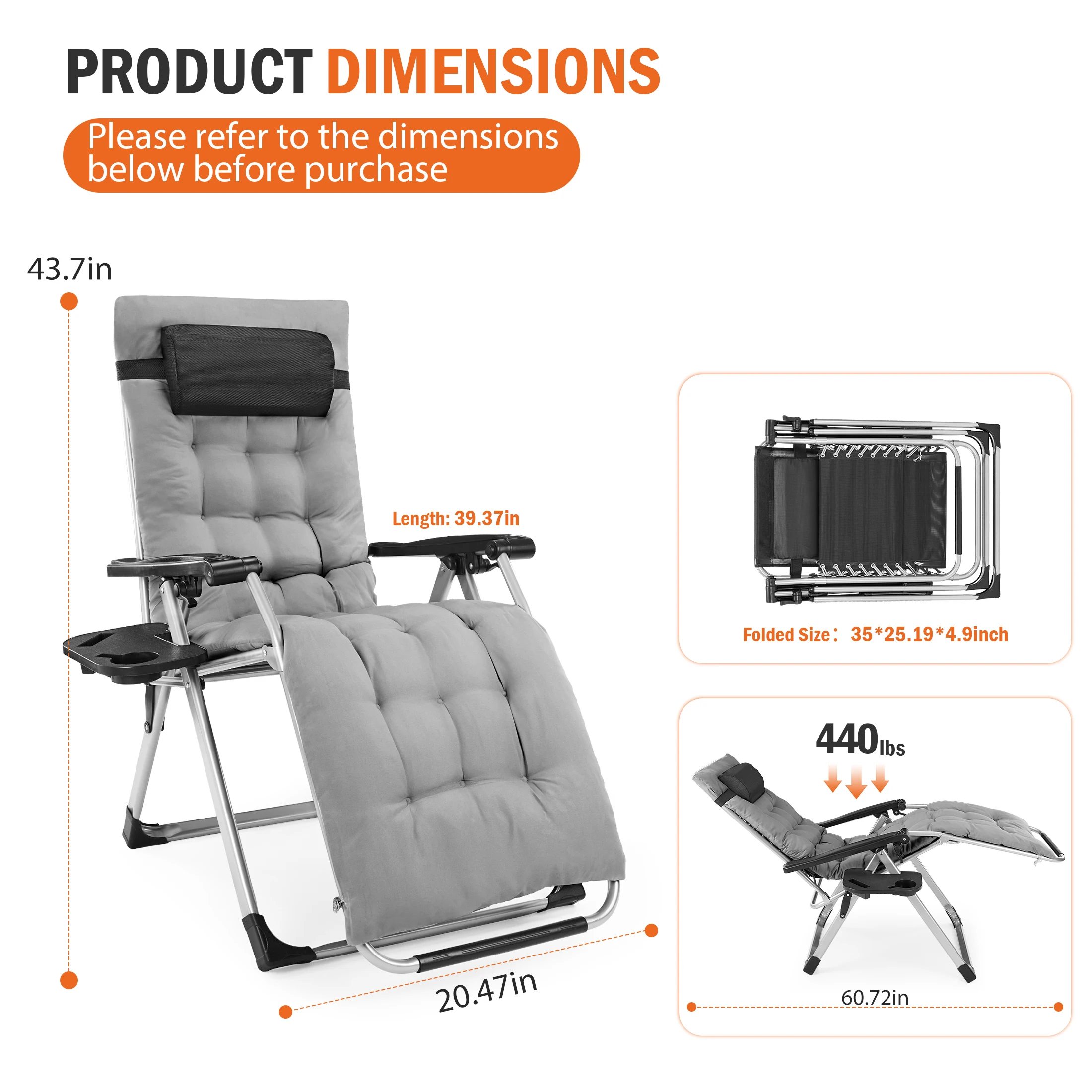 JHK Zero Gravity Reclining Camping Lounge Chair for Outdoor Soft Cushion Patio Chairs with Cup Holder Trays and Removable Cushion Folding Recliner for Indoor - AliExpress 18 - Image 6