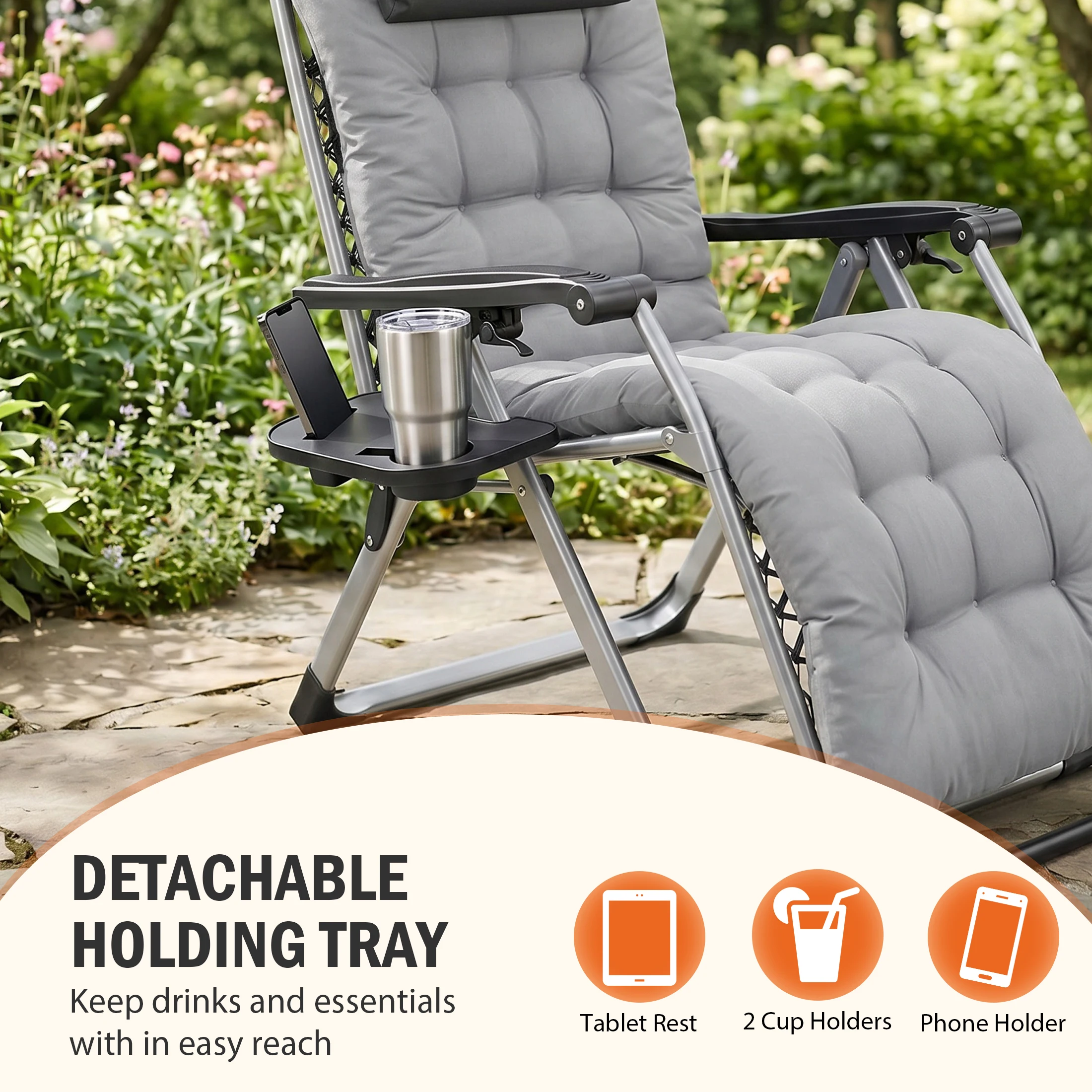JHK Zero Gravity Reclining Camping Lounge Chair for Outdoor Soft Cushion Patio Chairs with Cup Holder Trays and Removable Cushion Folding Recliner for Indoor - AliExpress 18 - Image 4
