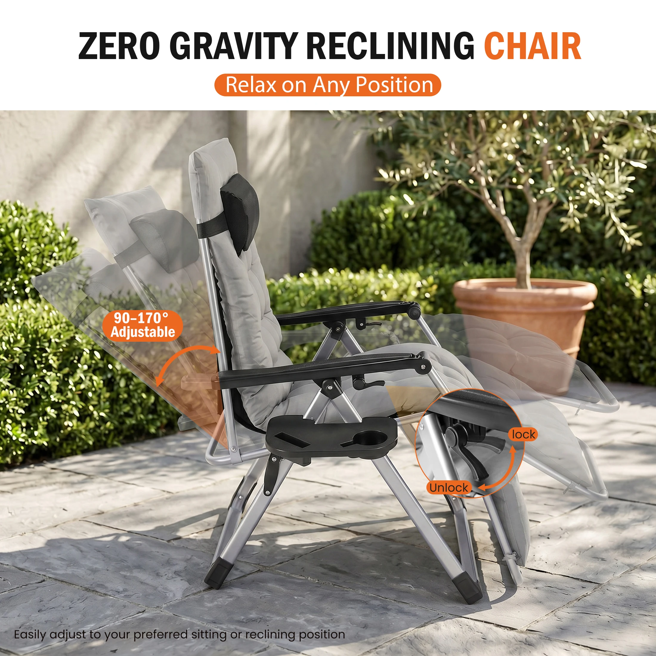 JHK Zero Gravity Reclining Camping Lounge Chair for Outdoor Soft Cushion Patio Chairs with Cup Holder Trays and Removable Cushion Folding Recliner for Indoor - AliExpress 18 - Image 2