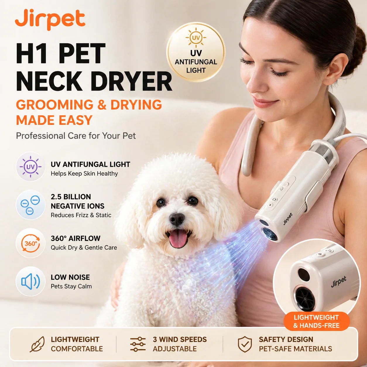 Hands-Free Pet Hair Dryer 3-Speed 220V UV Negative Ion