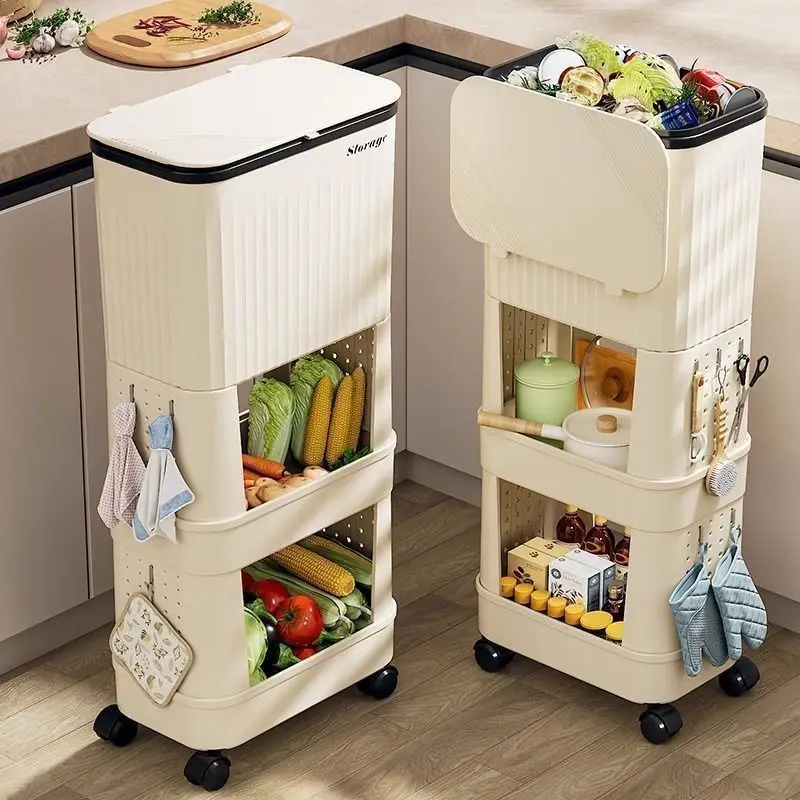 Rolling Kitchen Trash Cans 3-Tier 28x19x74cm Gray White - Image 3