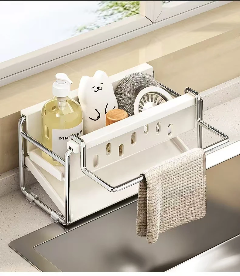 Stainless steel kitchen shelf, sink towel rack, drain basket, kitchen utensil rack, countertop dishcloth storage rack - Image 3