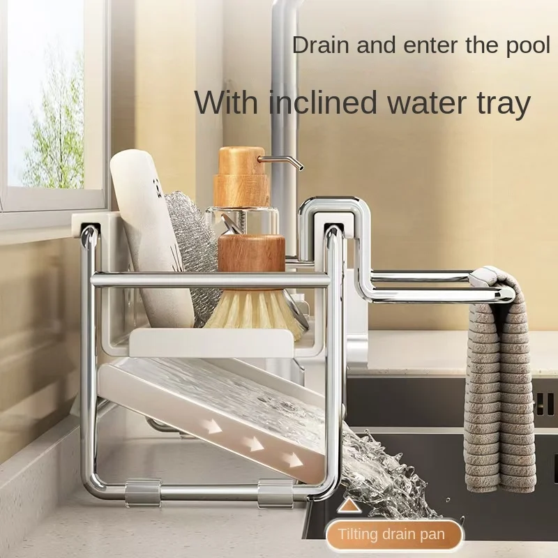 Stainless steel kitchen shelf, sink towel rack, drain basket, kitchen utensil rack, countertop dishcloth storage rack - Image 5