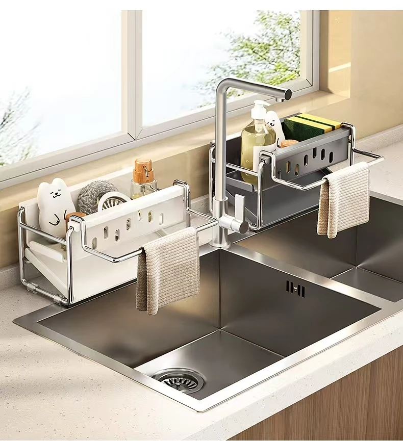 Stainless steel kitchen shelf, sink towel rack, drain basket, kitchen utensil rack, countertop dishcloth storage rack